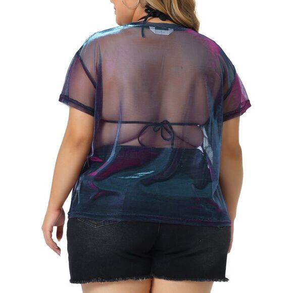 Plus Size T-shirt Sheer Mesh Holographic Drop Shoulder Top Black Purple - Picture 4 of 6